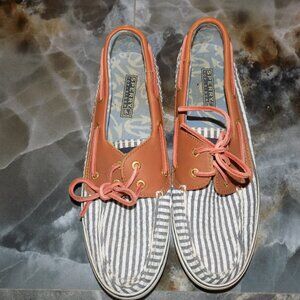 Sperry Top-Sider "Bahama Navy Seersucker" Boat Shoes Size 8.5 Women's